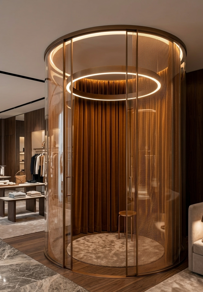 円柱状のフィッティングルーム。曲がるガラスとメタルメッシュを合わせたデザイン性の高い空間づくりへ
